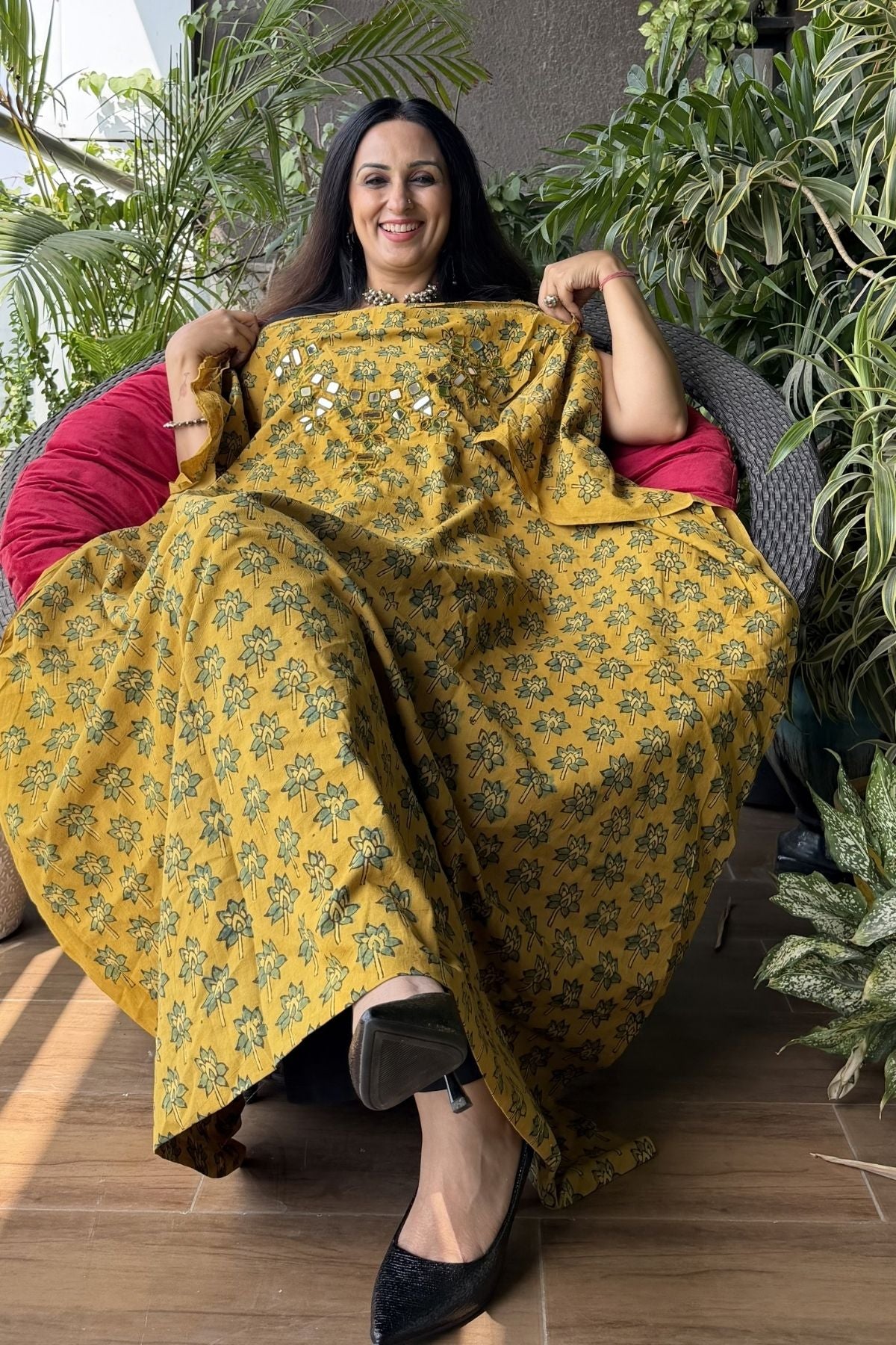 Handblocked pure cotton kurta with Kutch mirror work embroidery!!
