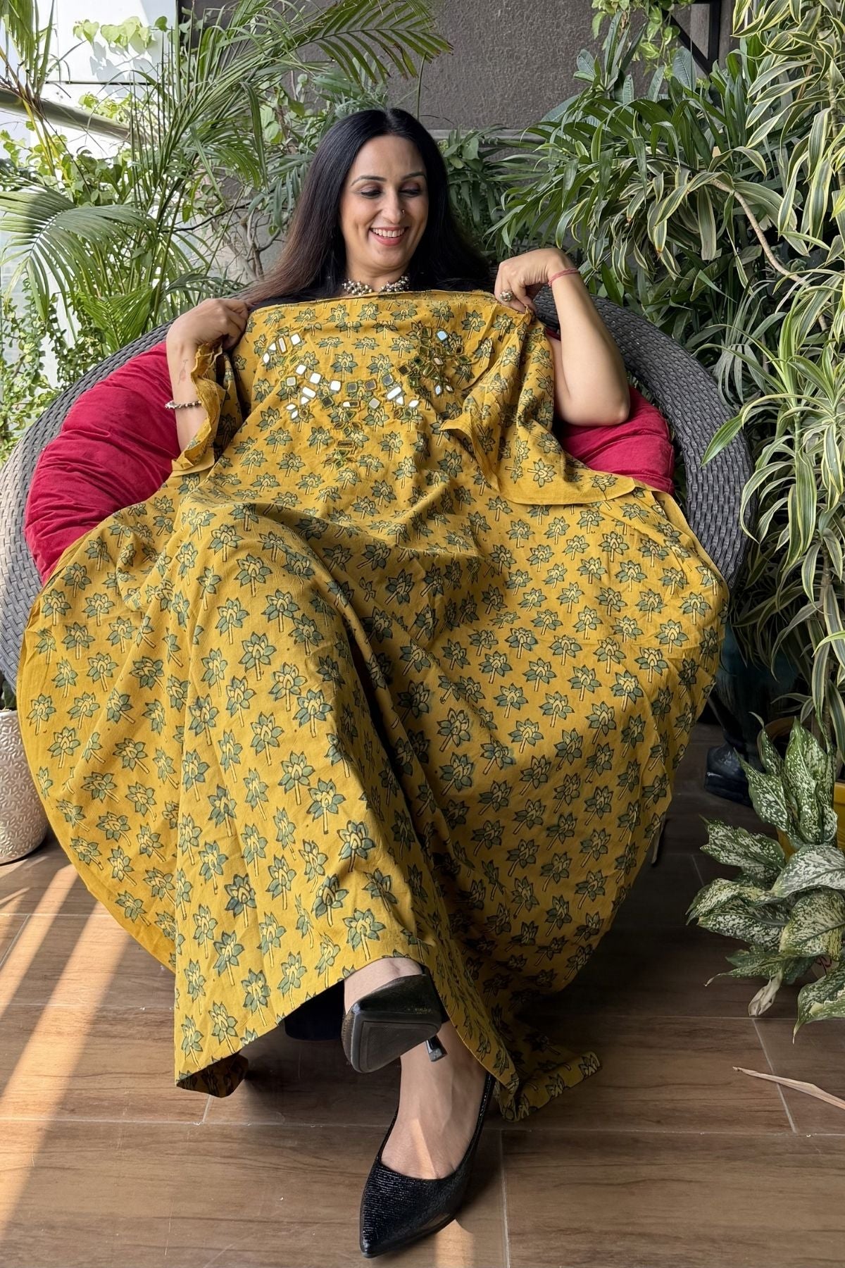 Handblocked pure cotton kurta with Kutch mirror work embroidery!!