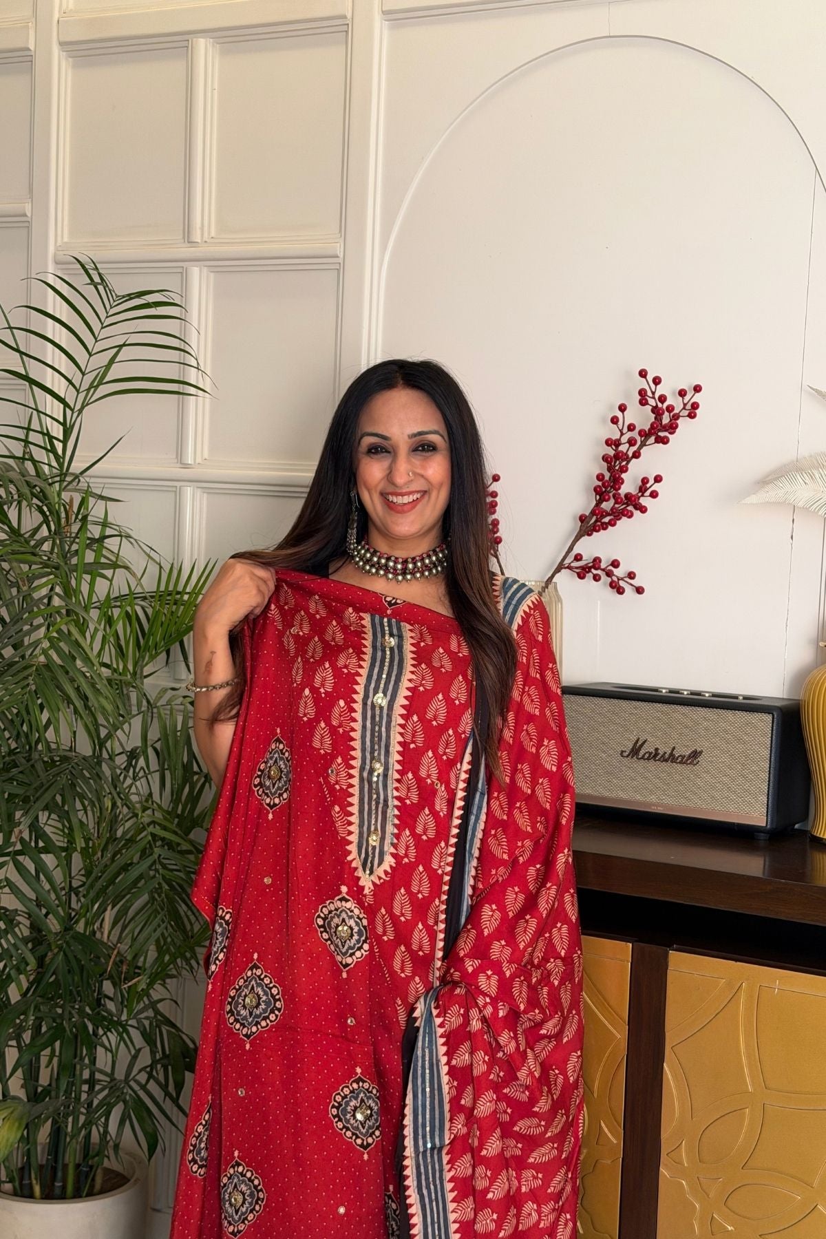 Handblocked Ajrakh kurta dupatta set with very intricate hand embroidery!!