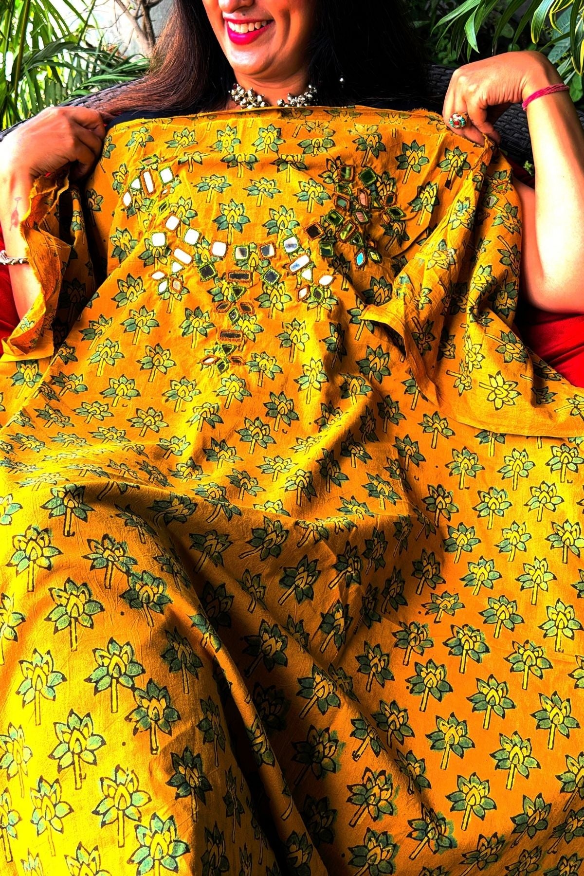 Handblocked pure cotton kurta with Kutch mirror work embroidery!!