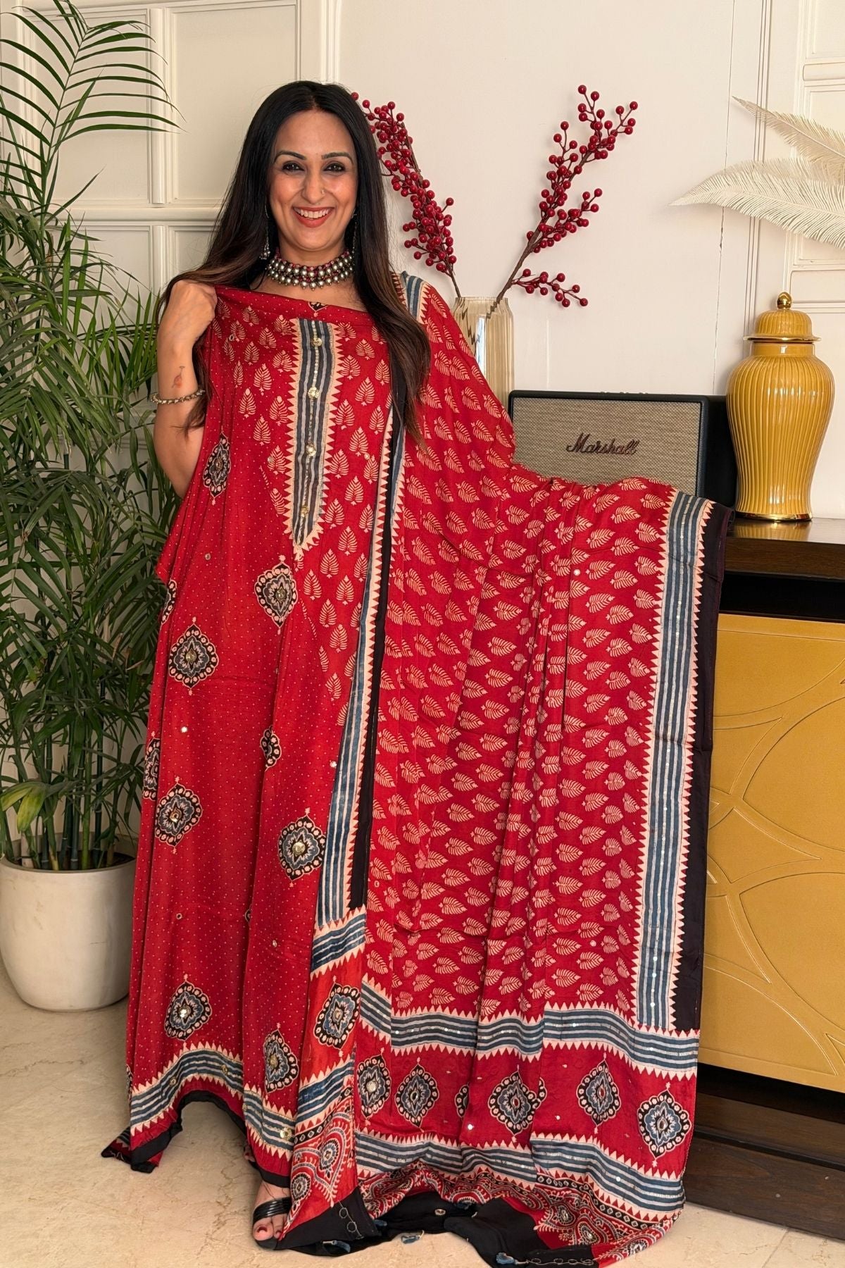 Handblocked Ajrakh kurta dupatta set with very intricate hand embroidery!!