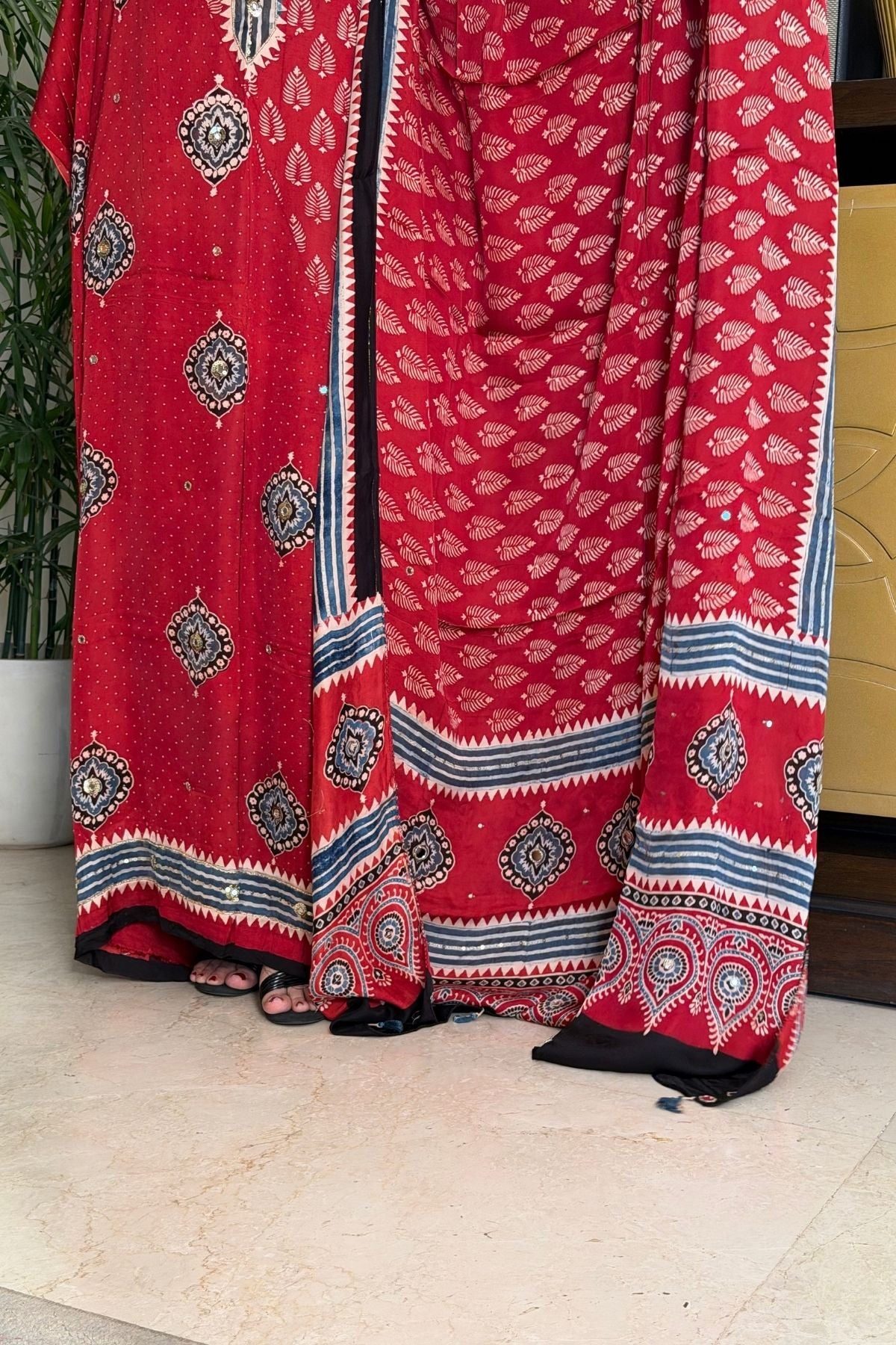 Handblocked Ajrakh kurta dupatta set with very intricate hand embroidery!!