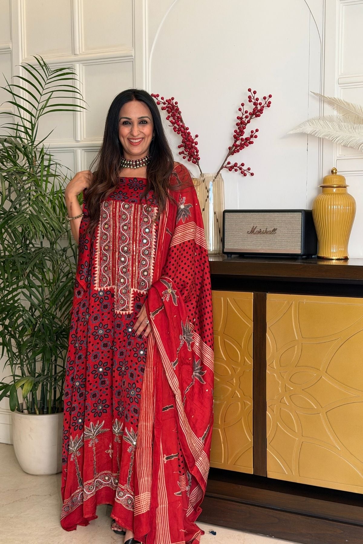 Handblocked Ajrakh kurta dupatta set with very intricate hand embroidery!!