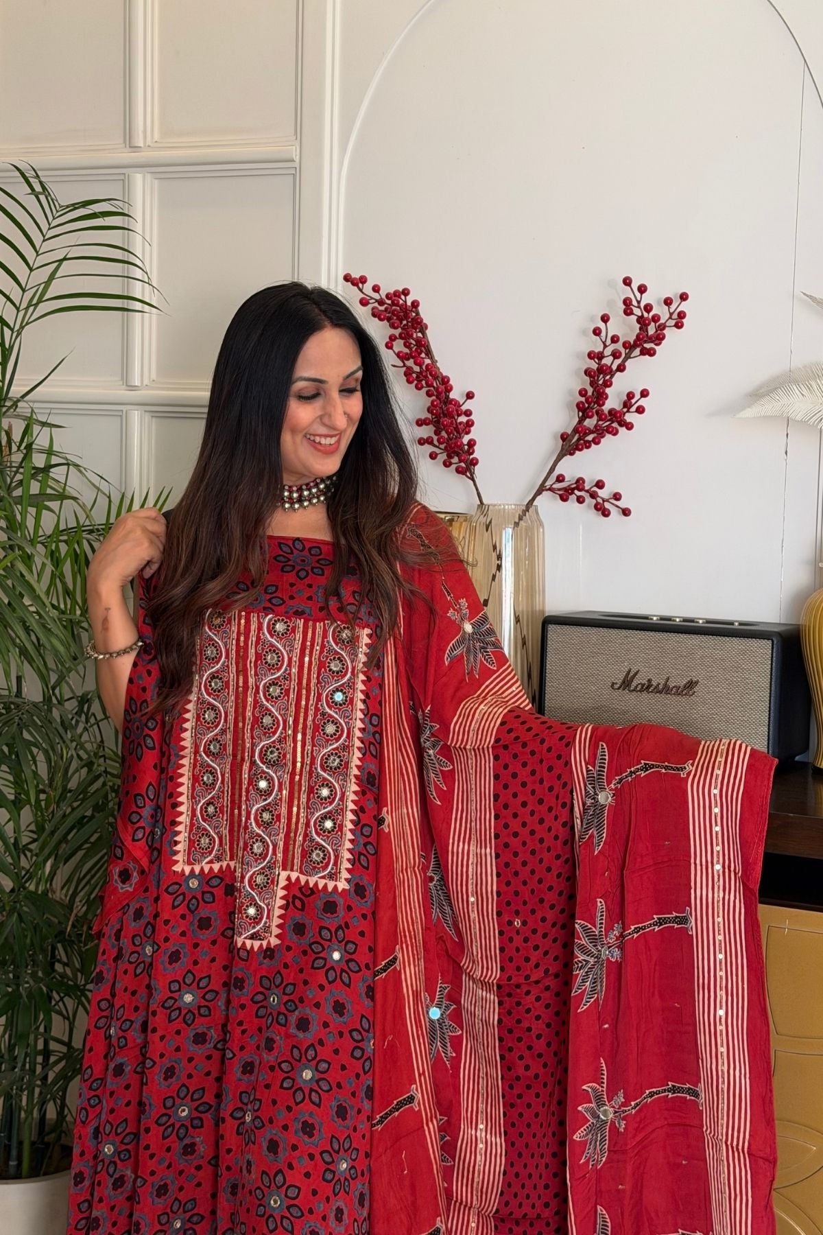Handblocked Ajrakh kurta dupatta set with very intricate hand embroidery!!