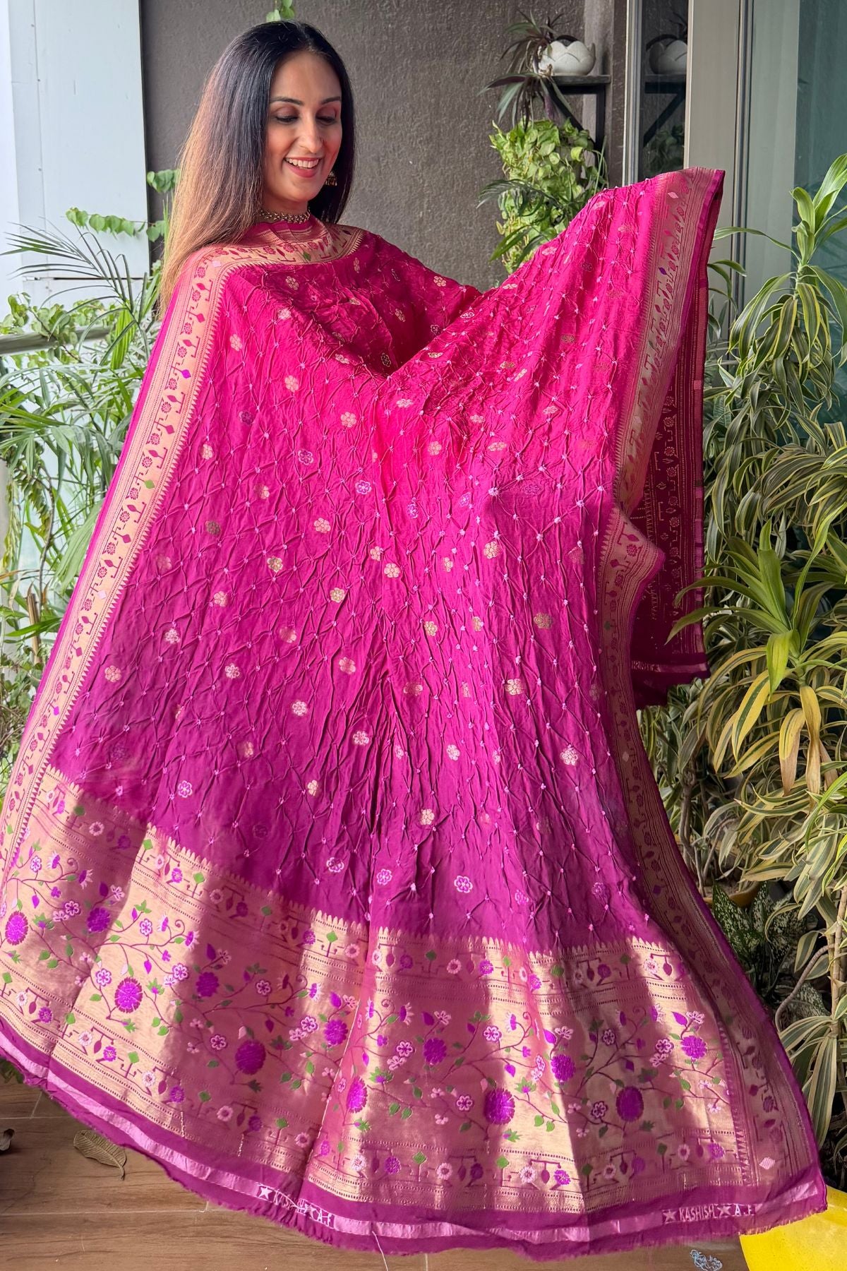 Pure gaji silk full set with hand done bandhani and zari weaving!!