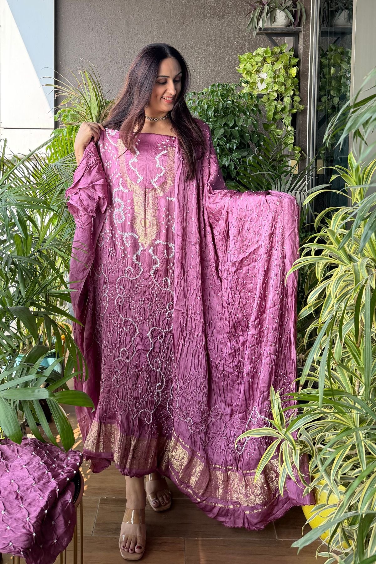Pure modal silk full set with hand done bandhani and zari weaving!!