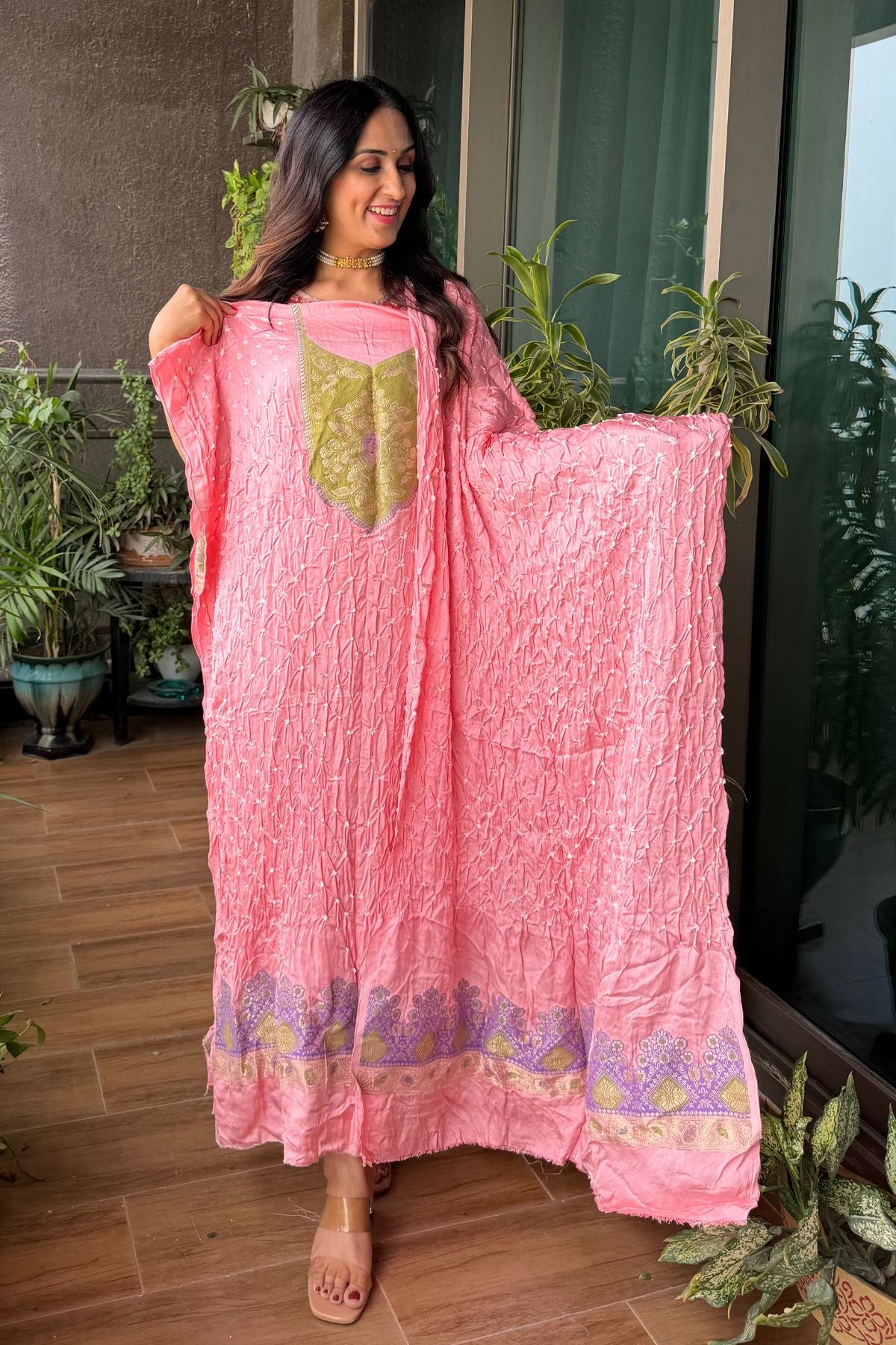 Bandhani with zari work kurta dupatta set on pure modal!!