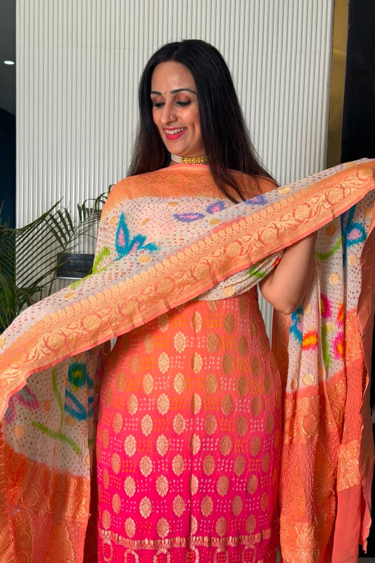 Banarasi khaddi georgette with red Bandhani full set!!!