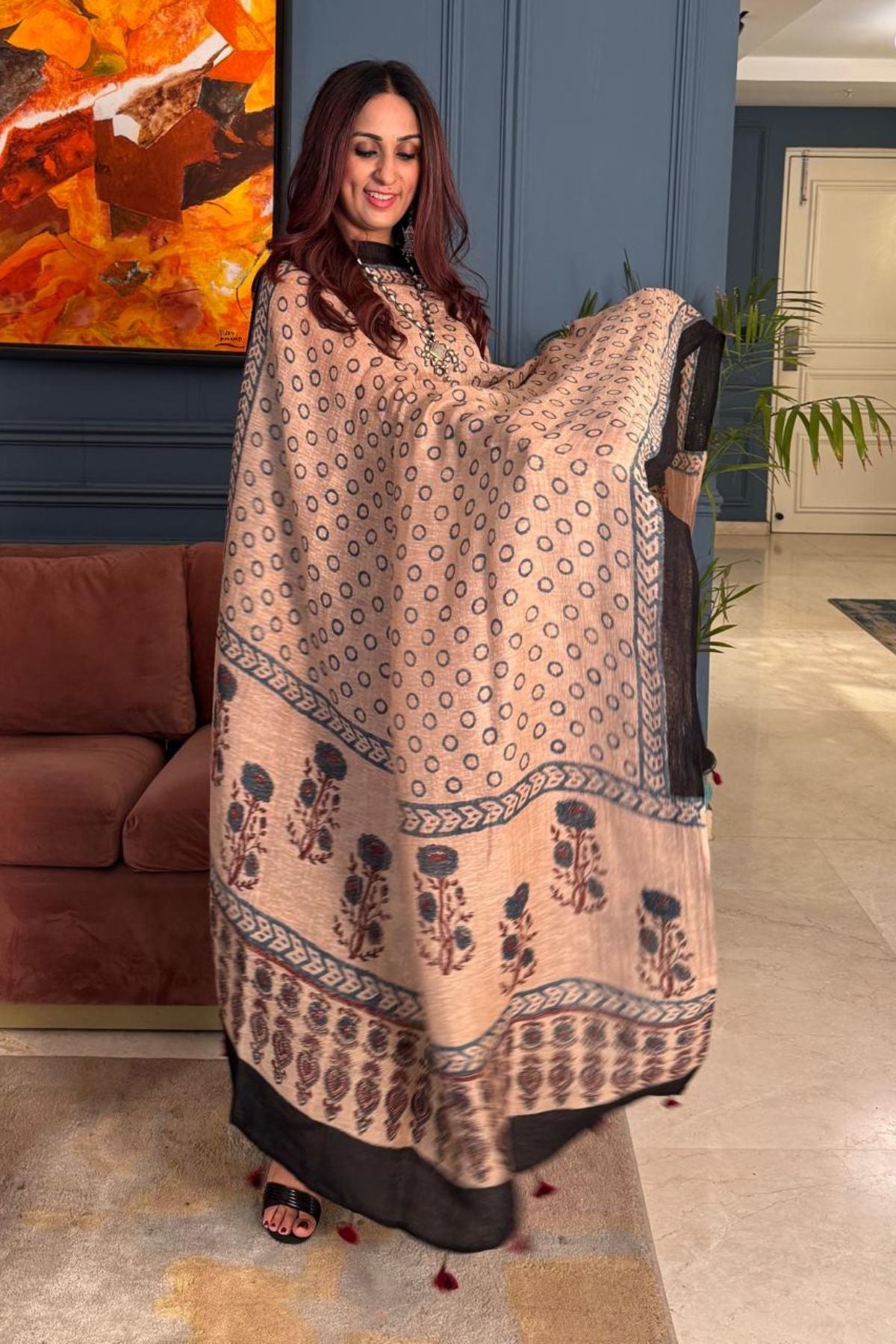 Ajrakh On Pure Linen Silk