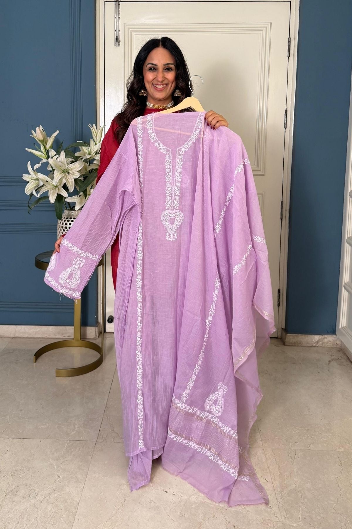 Pure Mul cotton semi stitched Chikankari kurta dupatta set!!!