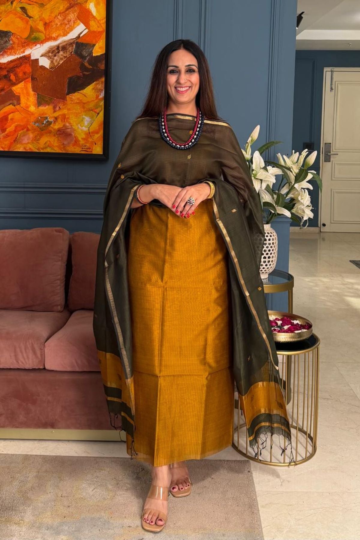 Maheshwari handloom silk by cotton kurta dupatta set