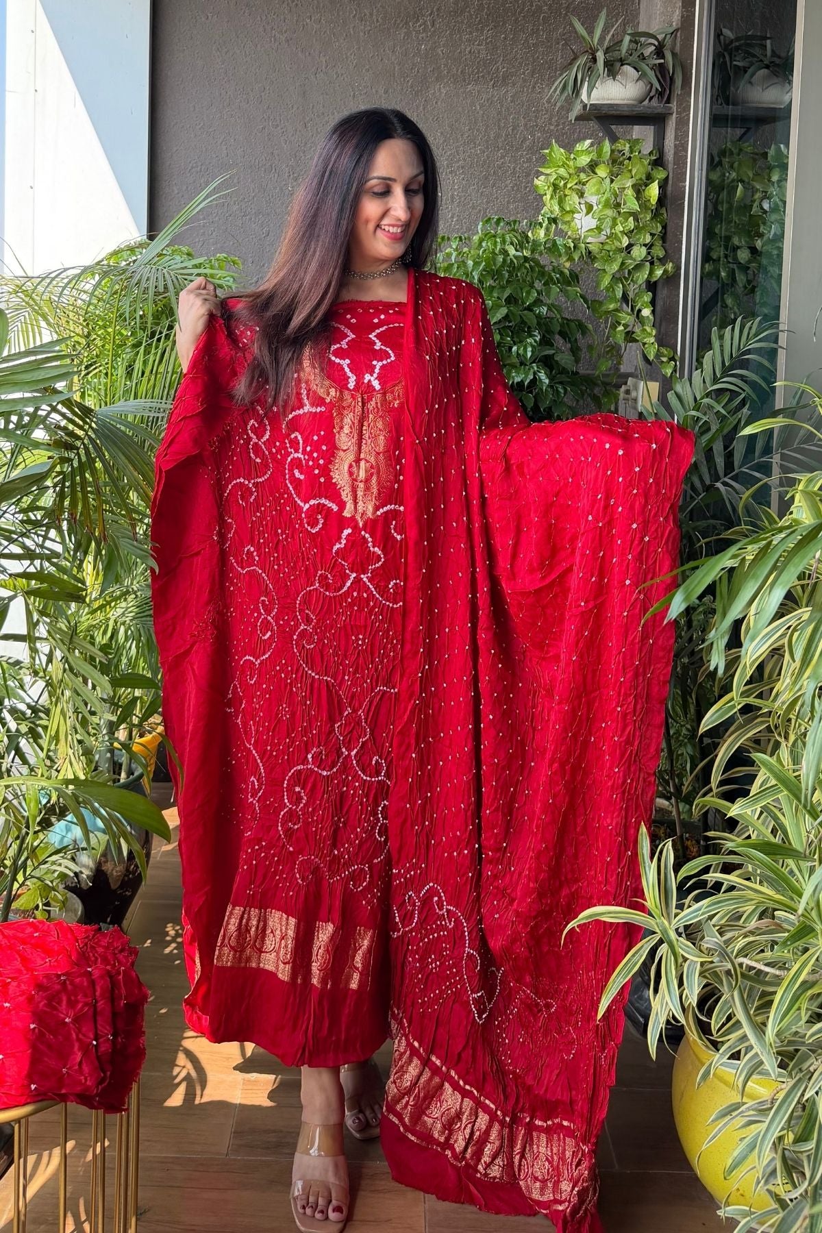 Pure modal silk full set with hand done bandhani and zari weaving!!