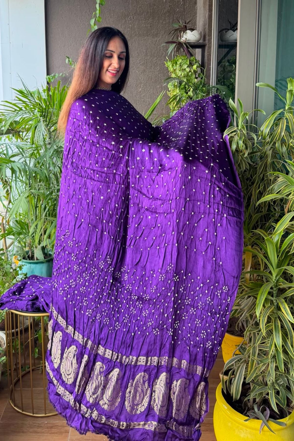 Pure modal silk full set with hand done bandhani and zari weaving!!