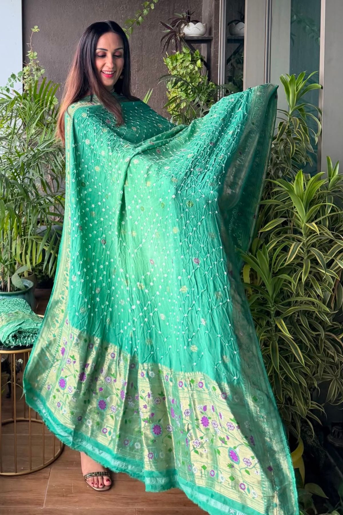 Pure gaji silk full set with hand done bandhani and zari weaving!!