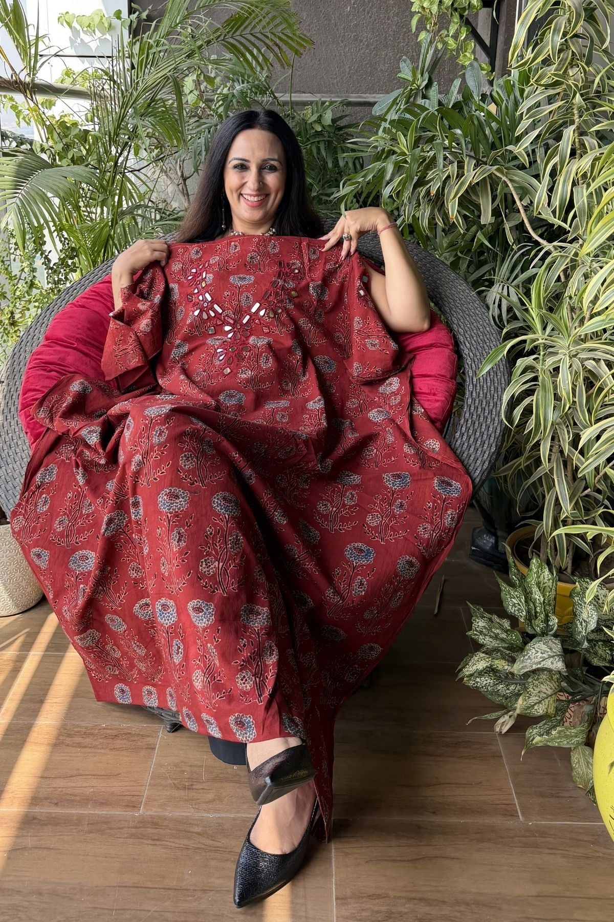 Handblocked pure cotton kurta with Kutch mirror work embroidery!!