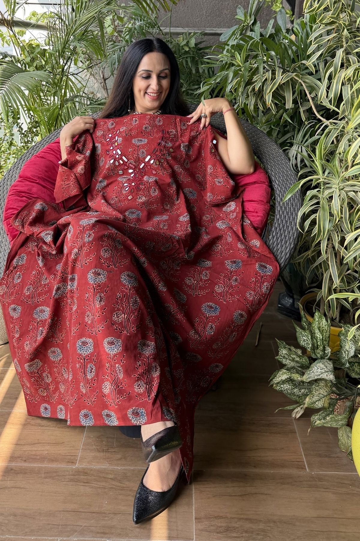 Handblocked pure cotton kurta with Kutch mirror work embroidery!!