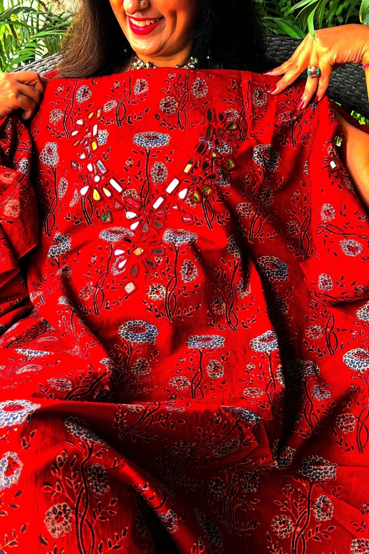 Handblocked pure cotton kurta with Kutch mirror work embroidery!!
