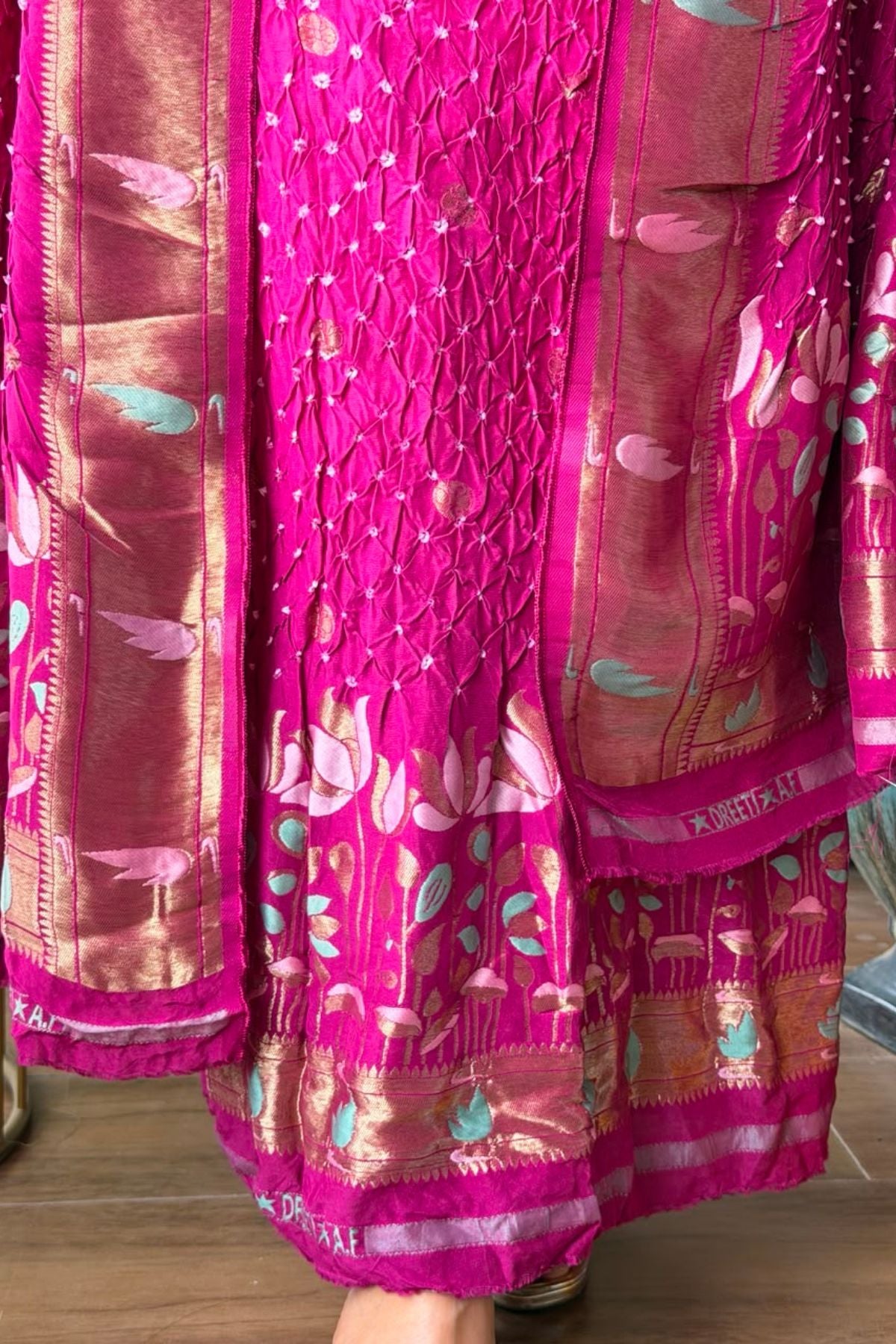 Pure gaji silk full set with hand done bandhani and zari weaving!!