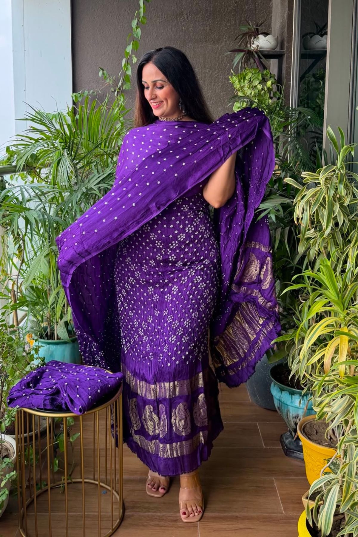 Pure modal silk full set with hand done bandhani and zari weaving!!