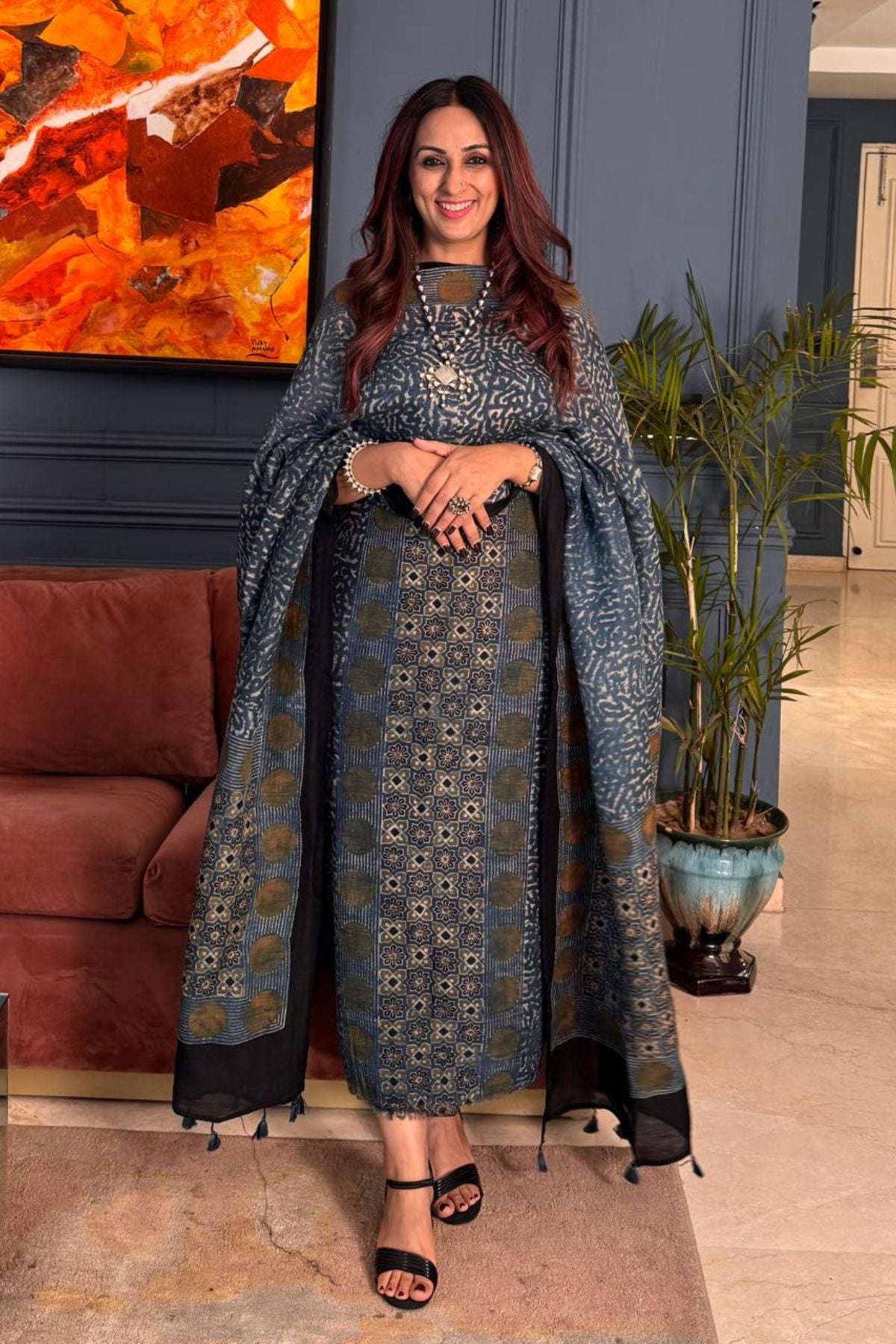 Ajrakh On Pure Linen Silk