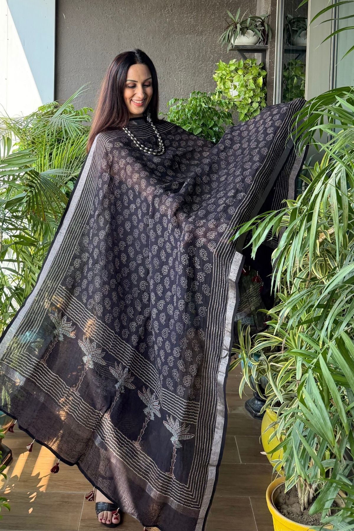 Ajrakh On Pure Linen Silk