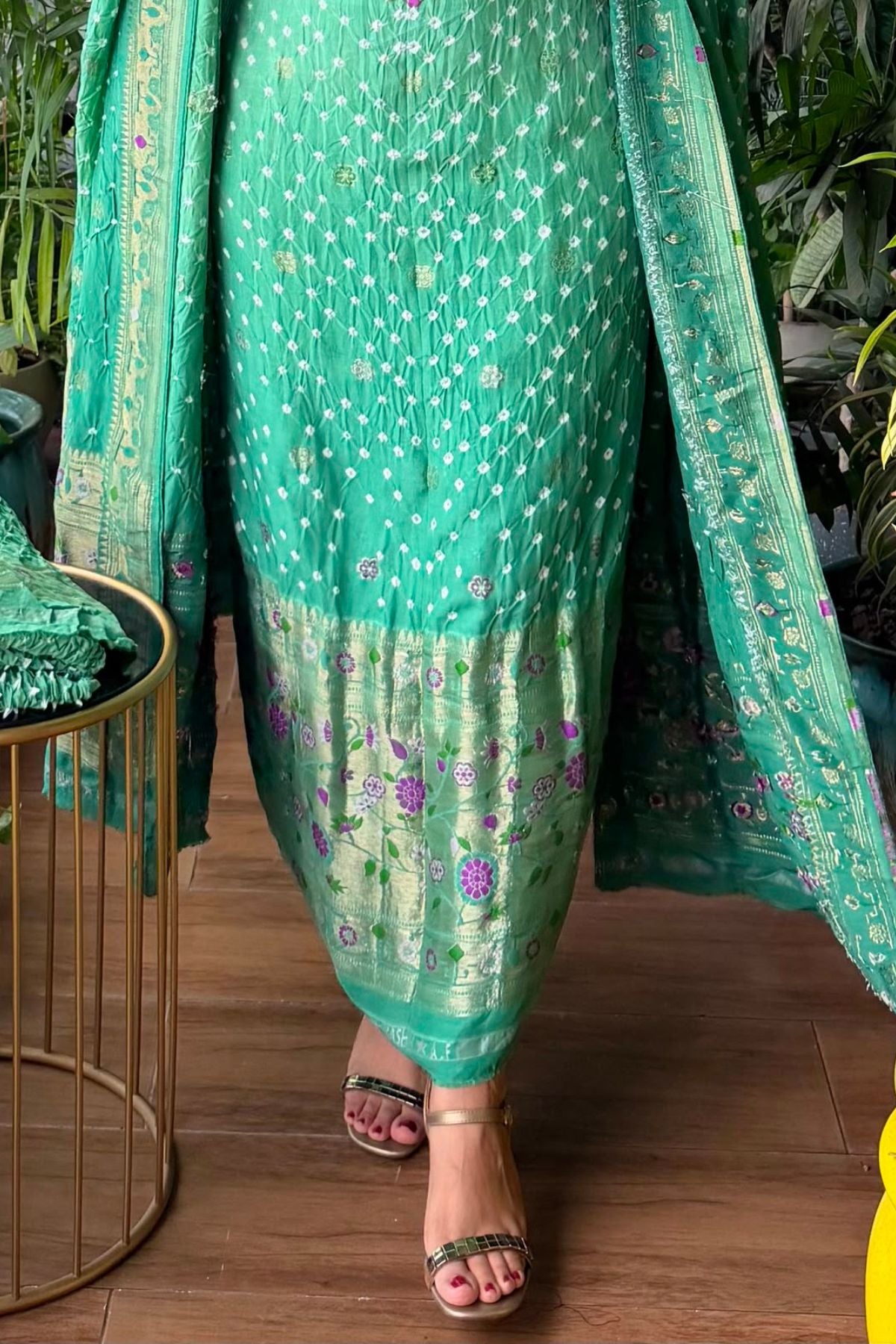 Pure gaji silk full set with hand done bandhani and zari weaving!!