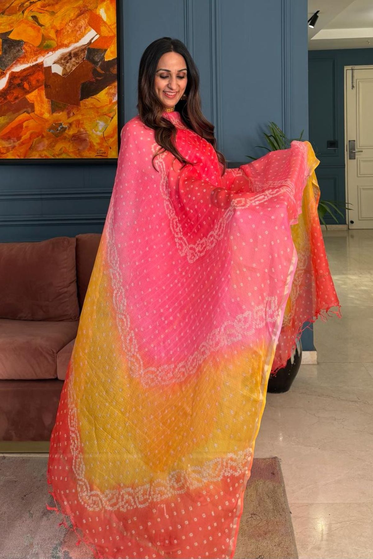 Summer friendly Kota silk kurta dupatta sets with hand done BANDHANI and leheriya