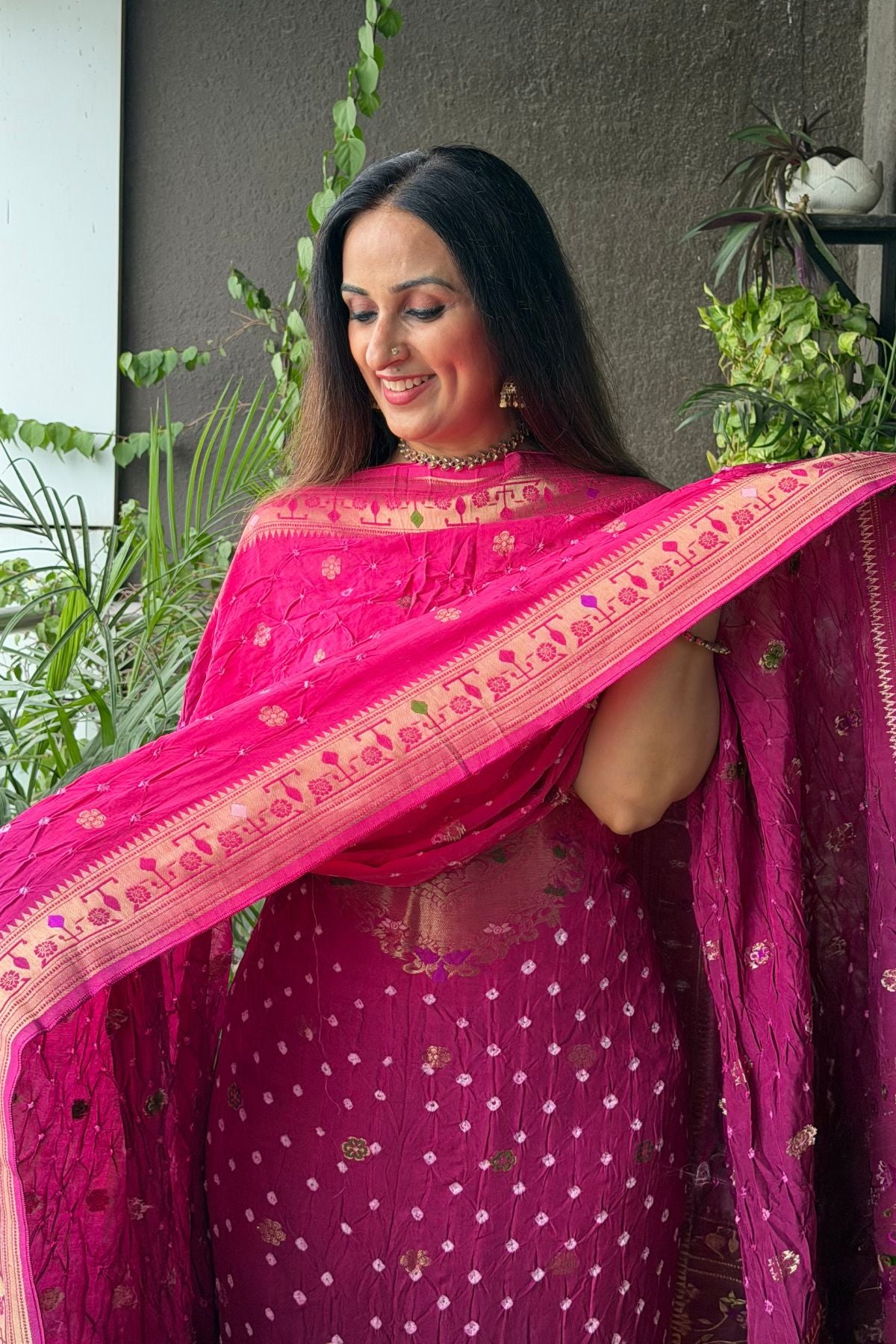 Pure gaji silk full set with hand done bandhani and zari weaving!!