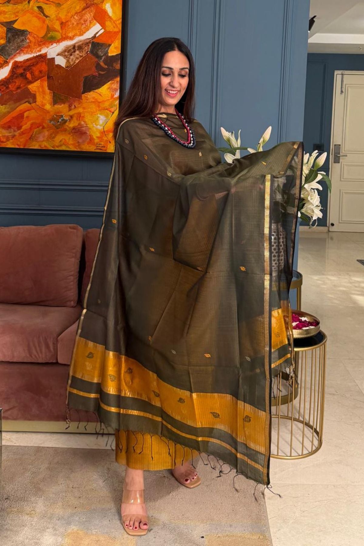 Maheshwari handloom silk by cotton kurta dupatta set