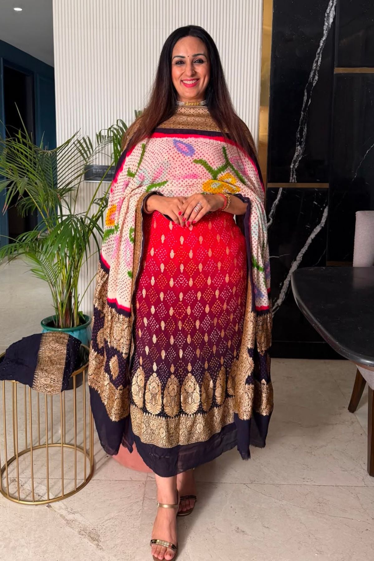 Banarasi khaddi georgette with red Bandhani full set!!!