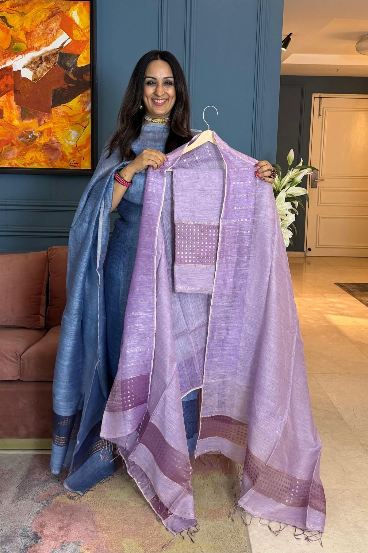 Handwoven with fine sequins Pure Linen kurta dupatta sets!!
