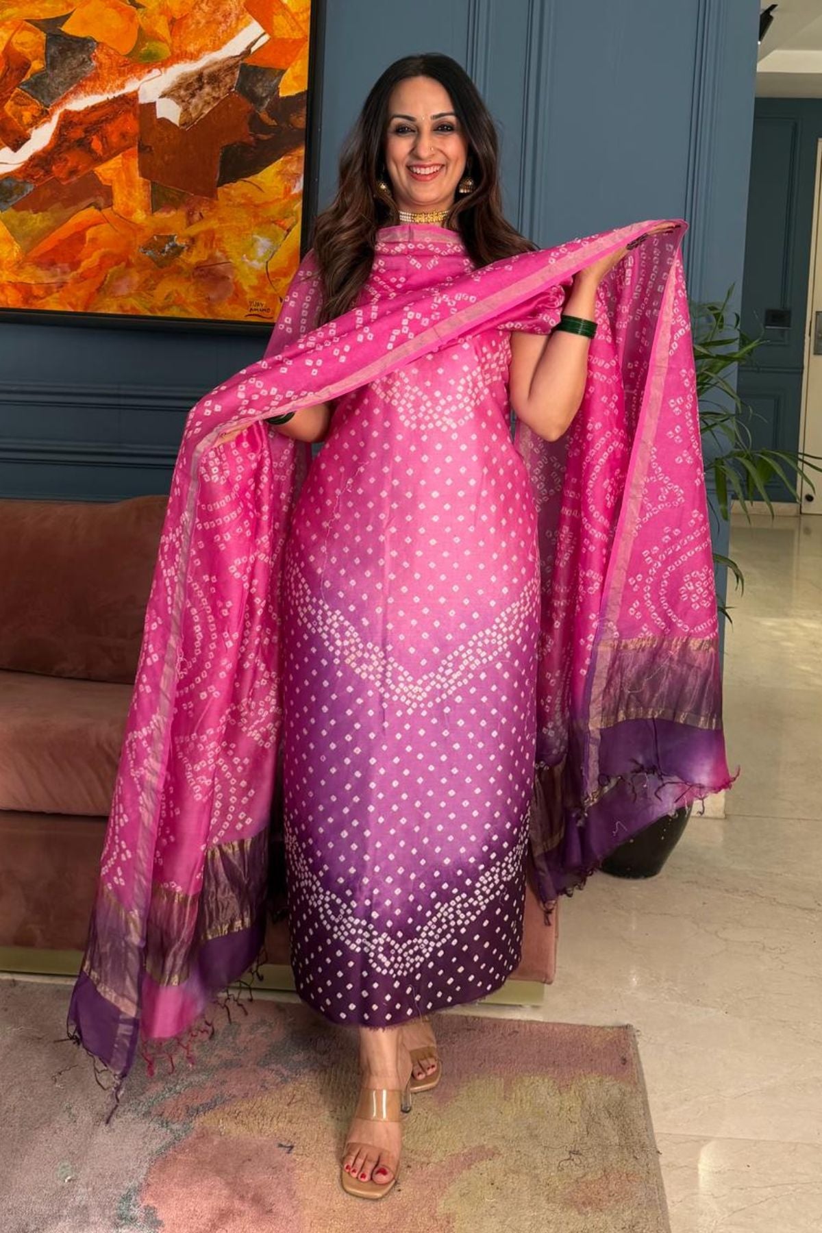 Bandhani kurta dupatta set on shaded Chanderi silk!!