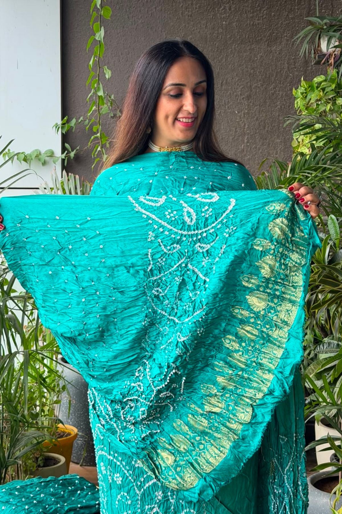 Pure modal silk full set with hand done bandhani and zari weaving!!