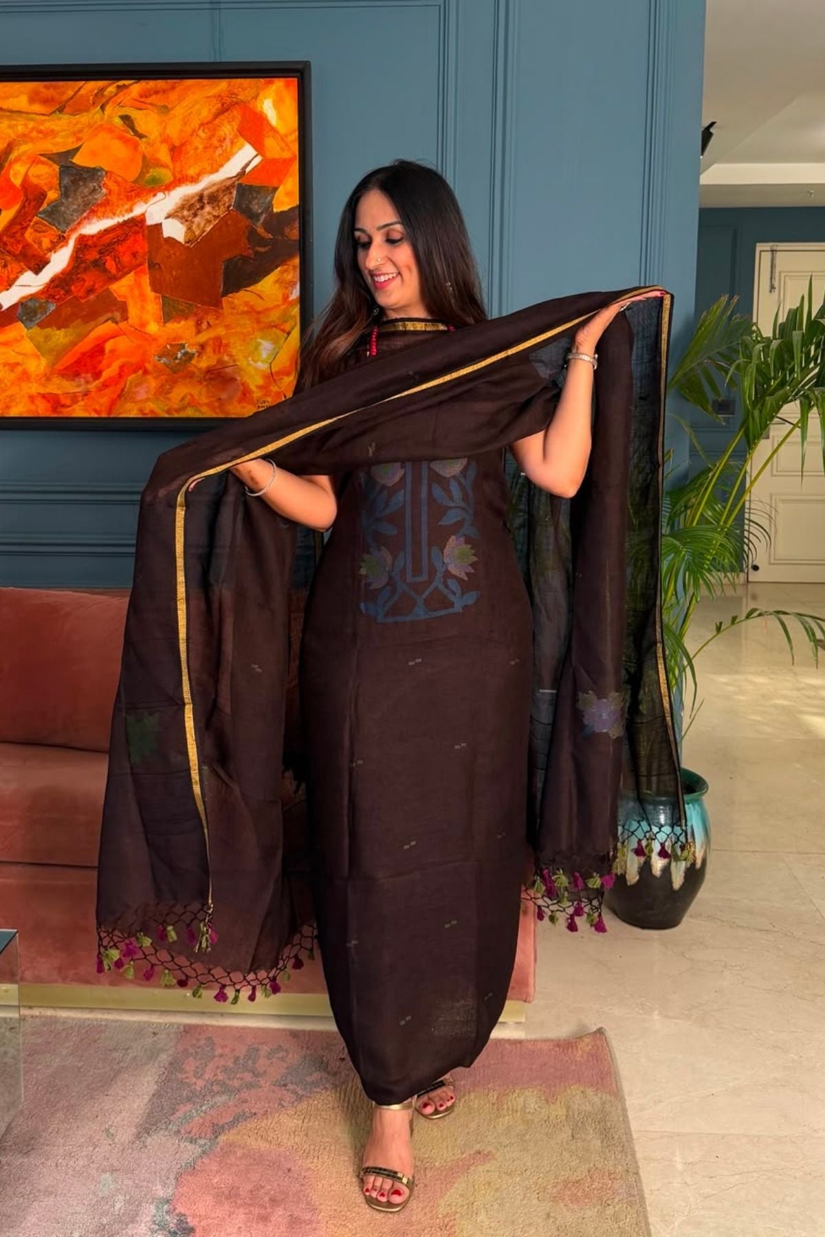 Jamdani weave kurta dupatta set on 100 count linen by linen!!
