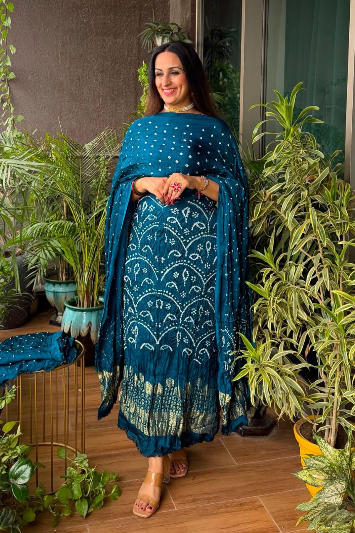Pure modal silk full set with hand done bandhani and zari weaving!!