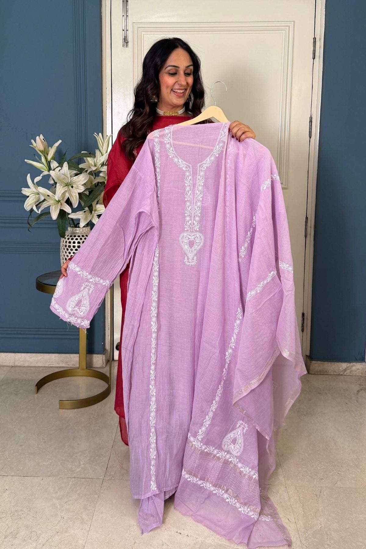 Pure Mul cotton semi stitched Chikankari kurta dupatta set!!!