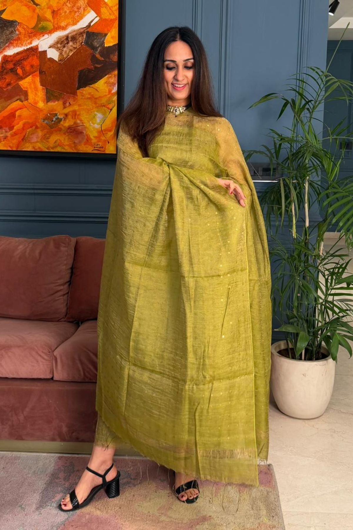 Pure tussar silk kurta dupatta set with handwoven sequence work