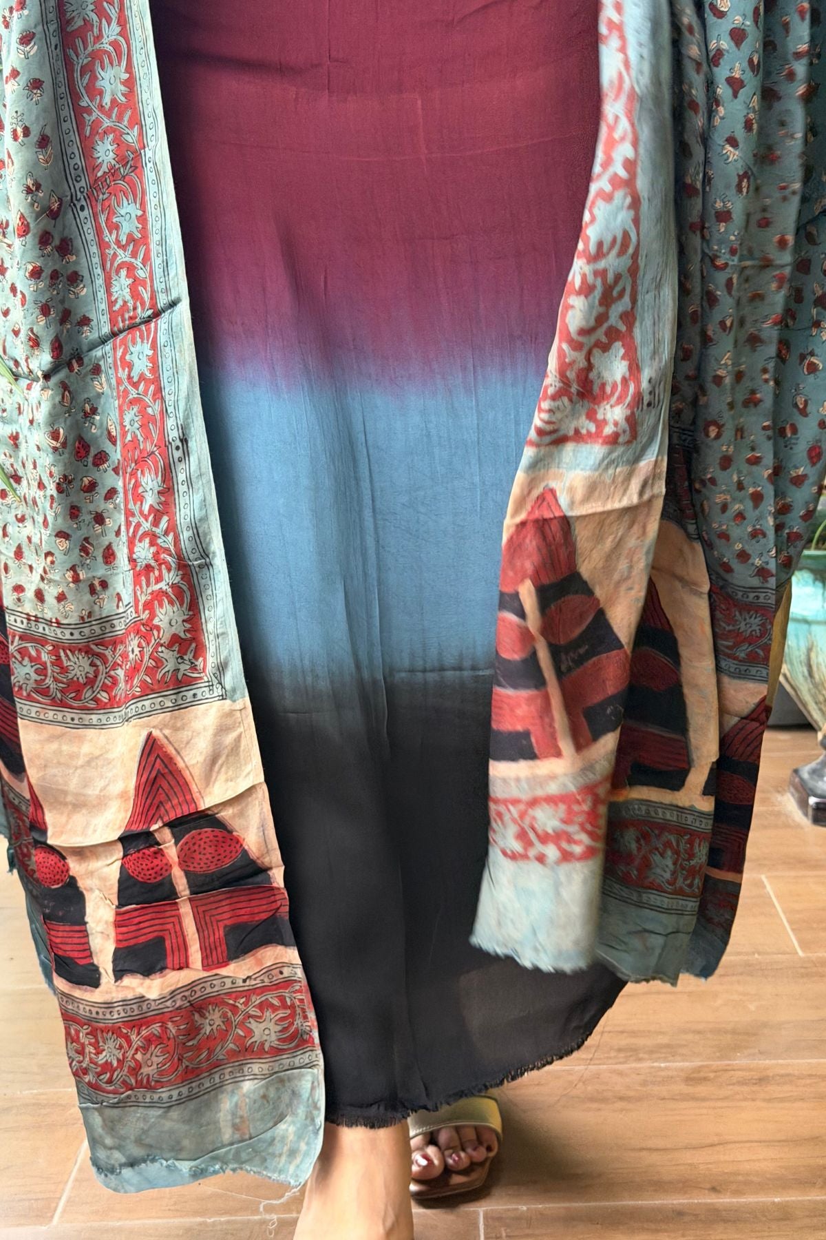 Ombré dyed modal kurta fabric with vegetable Handblock dyed dupatta!!