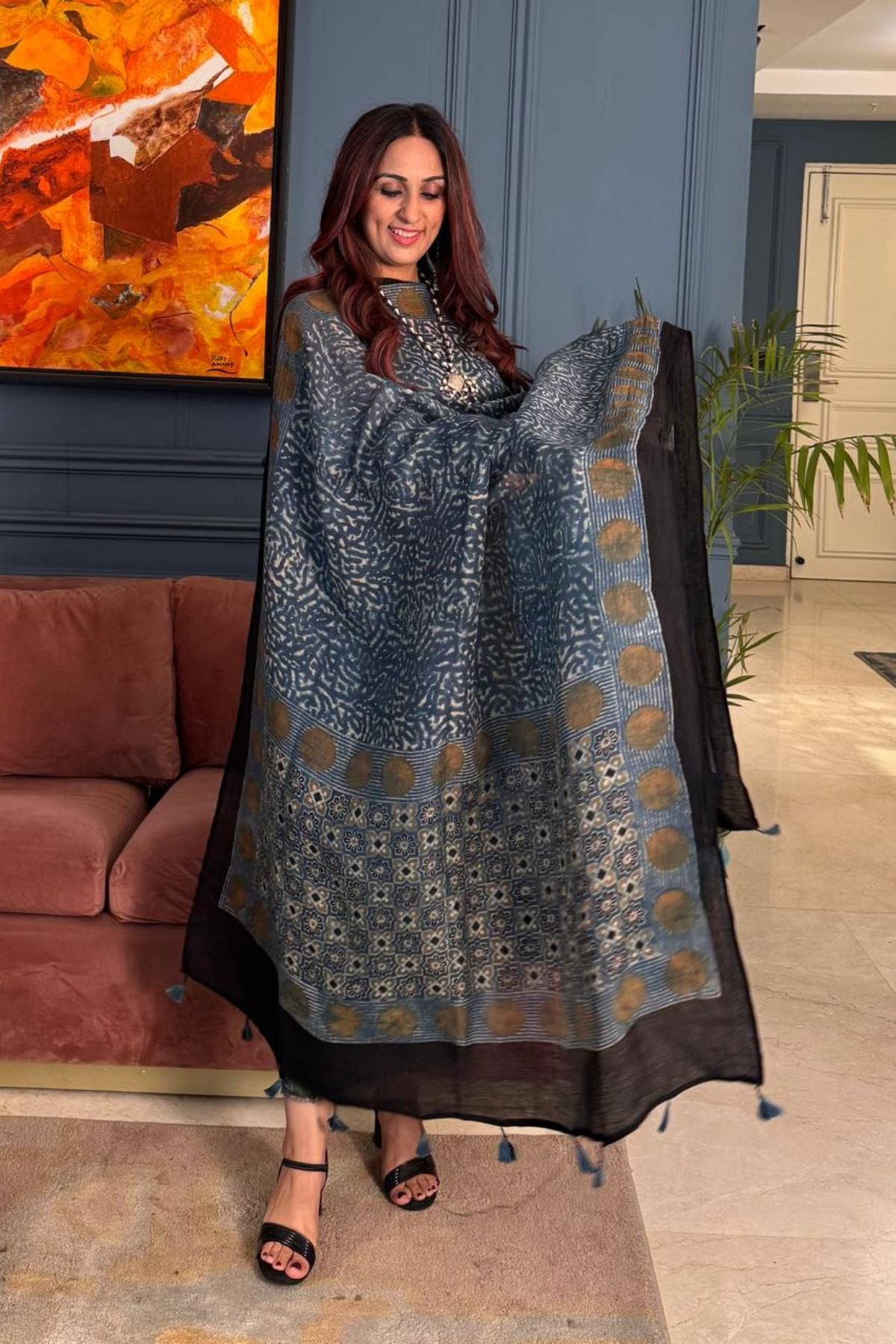 Ajrakh On Pure Linen Silk