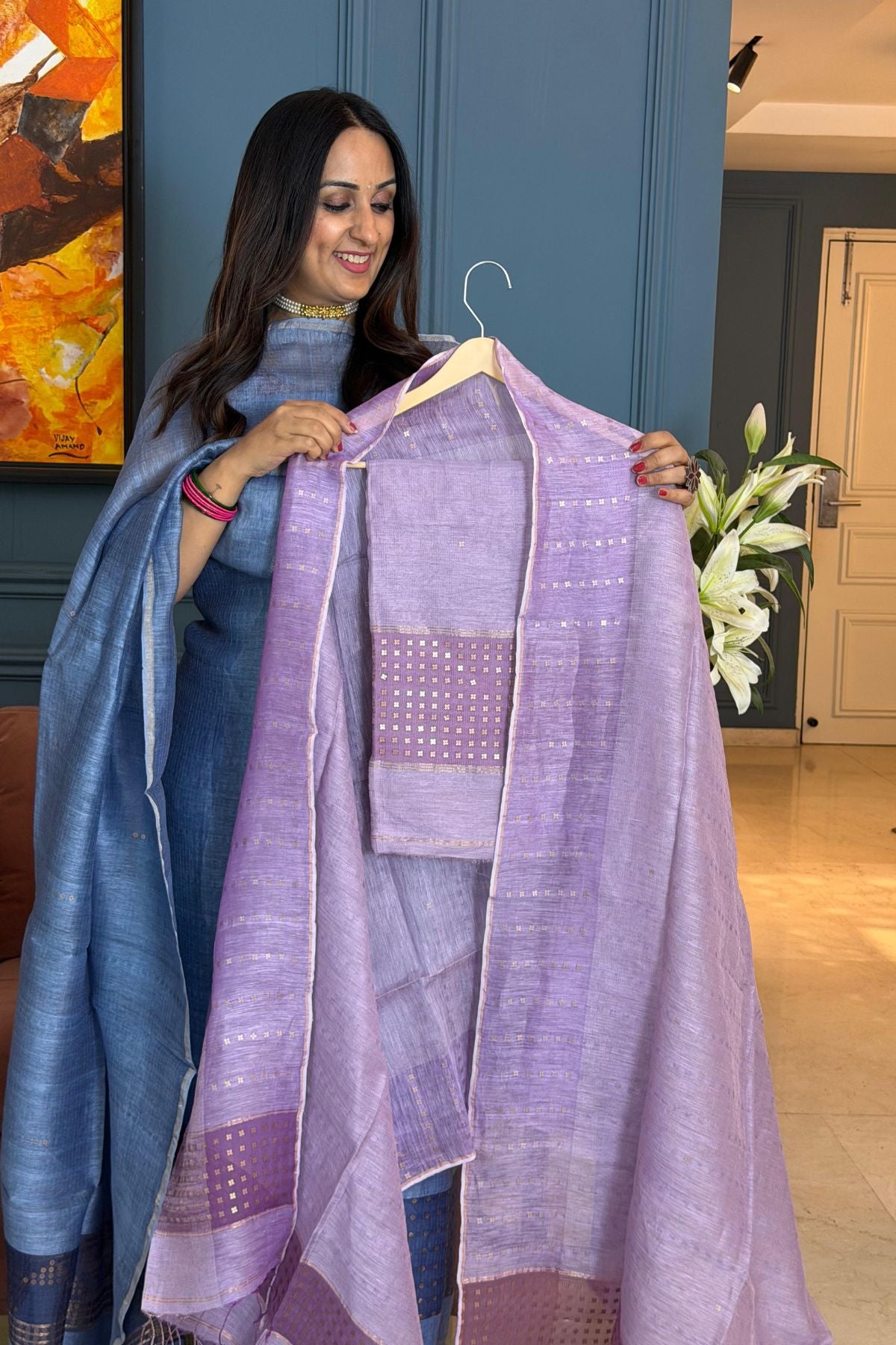 Handwoven with fine sequins Pure Linen kurta dupatta sets!!