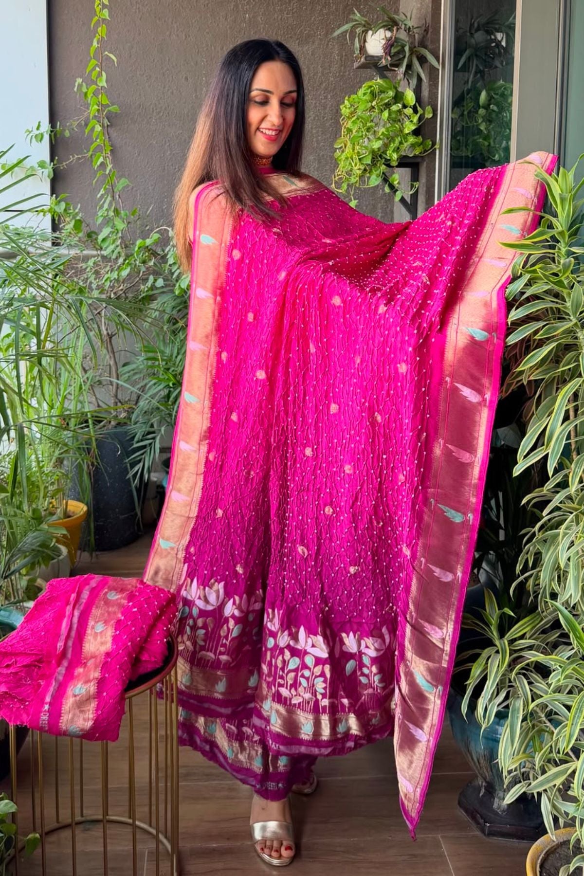 Pure gaji silk full set with hand done bandhani and zari weaving!!