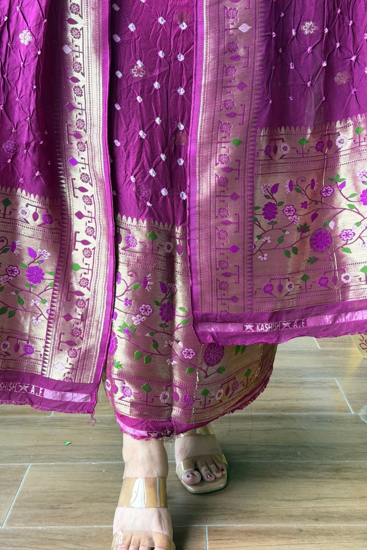 Pure gaji silk full set with hand done bandhani and zari weaving!!
