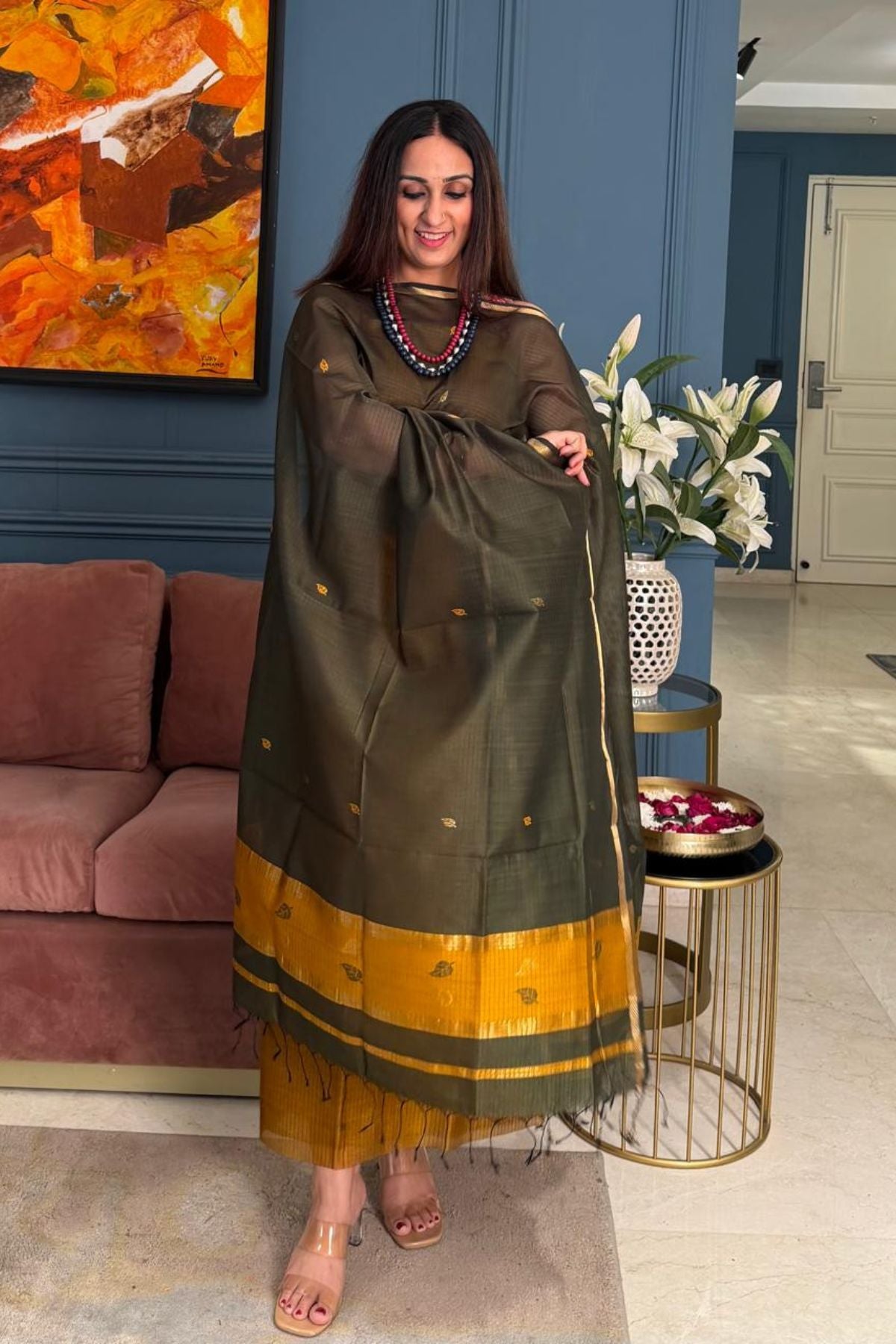 Maheshwari handloom silk by cotton kurta dupatta set