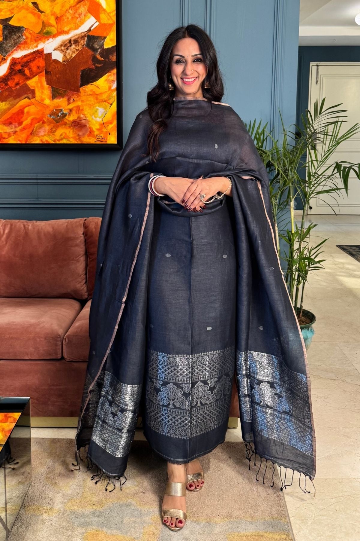Dark Grey Color Jamdani Weave Kurta Dupatta Set