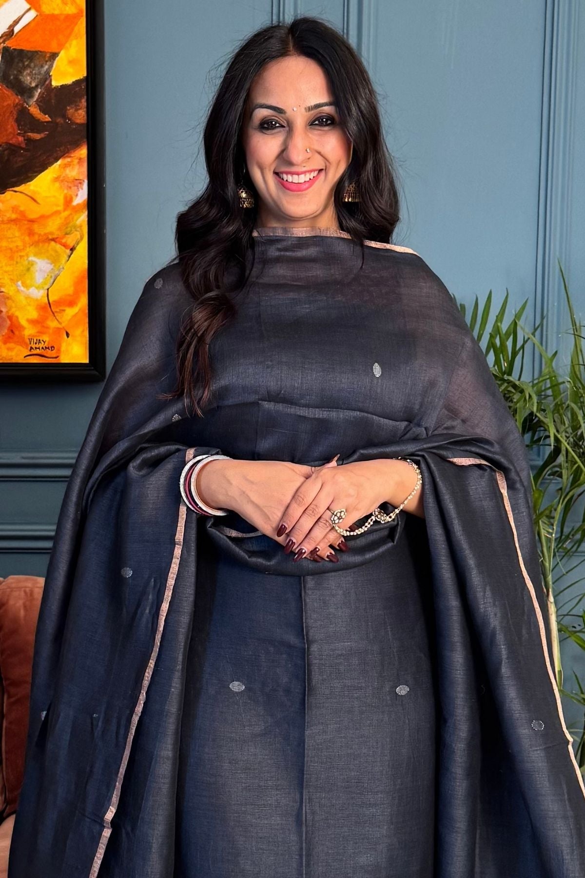 Dark Grey Color Jamdani Weave Kurta Dupatta Set