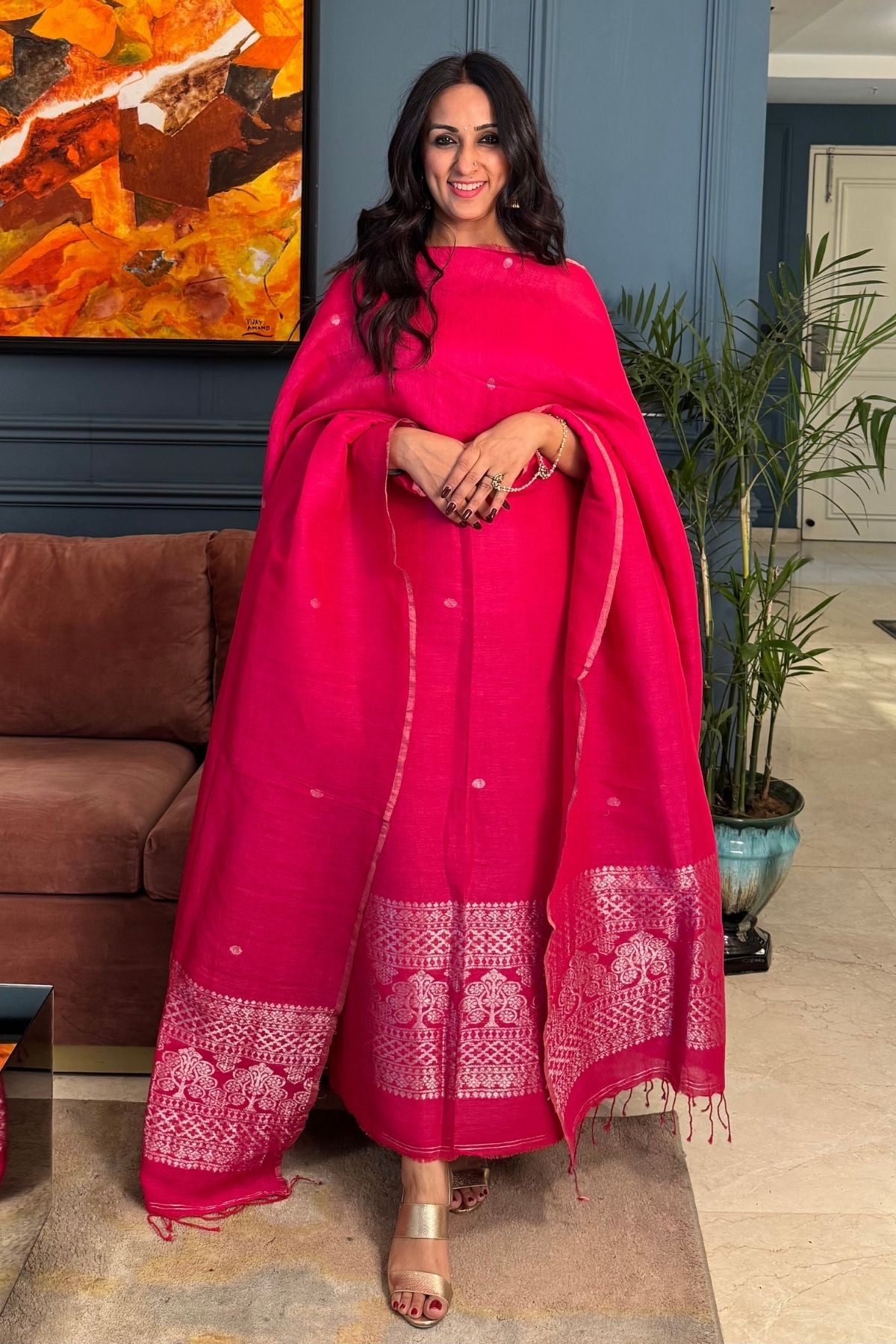 Dark Pink Color Jamdani Weave Kurta Dupatta Set