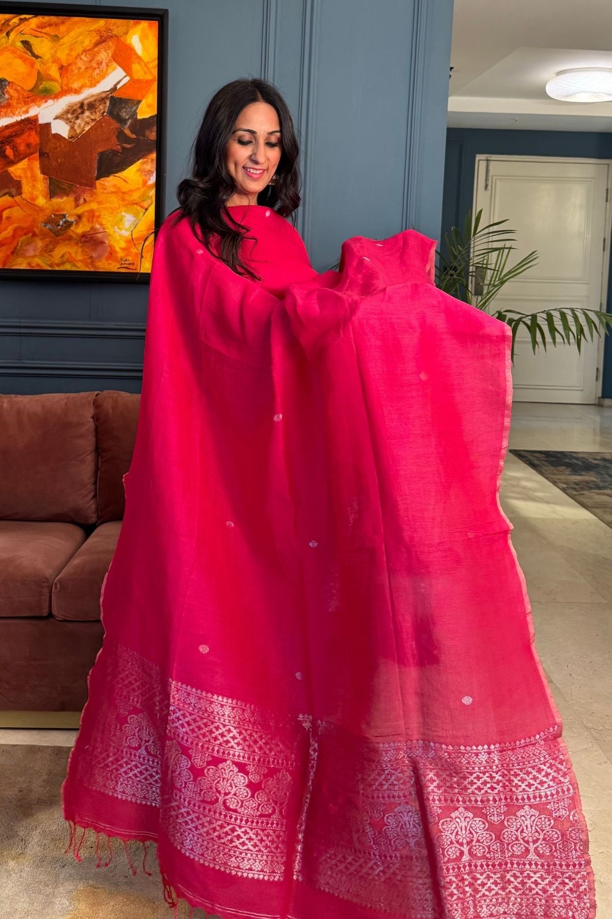 Dark Pink Color Jamdani Weave Kurta Dupatta Set