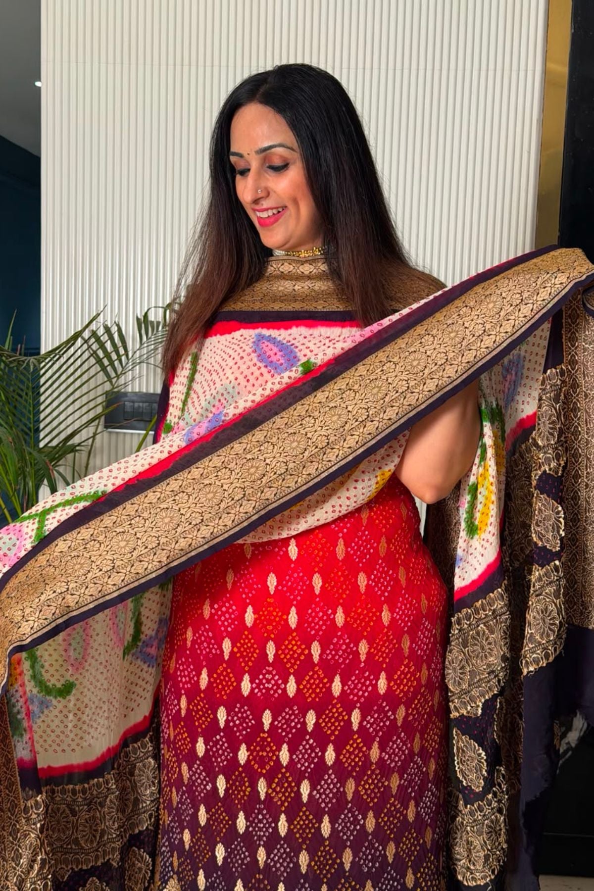 Banarasi khaddi georgette with red Bandhani full set!!!