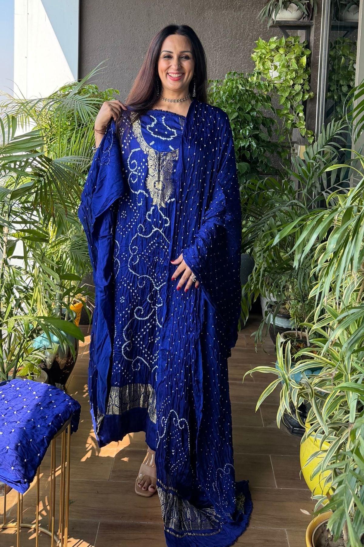 Pure modal silk full set with hand done bandhani and zari weaving!!