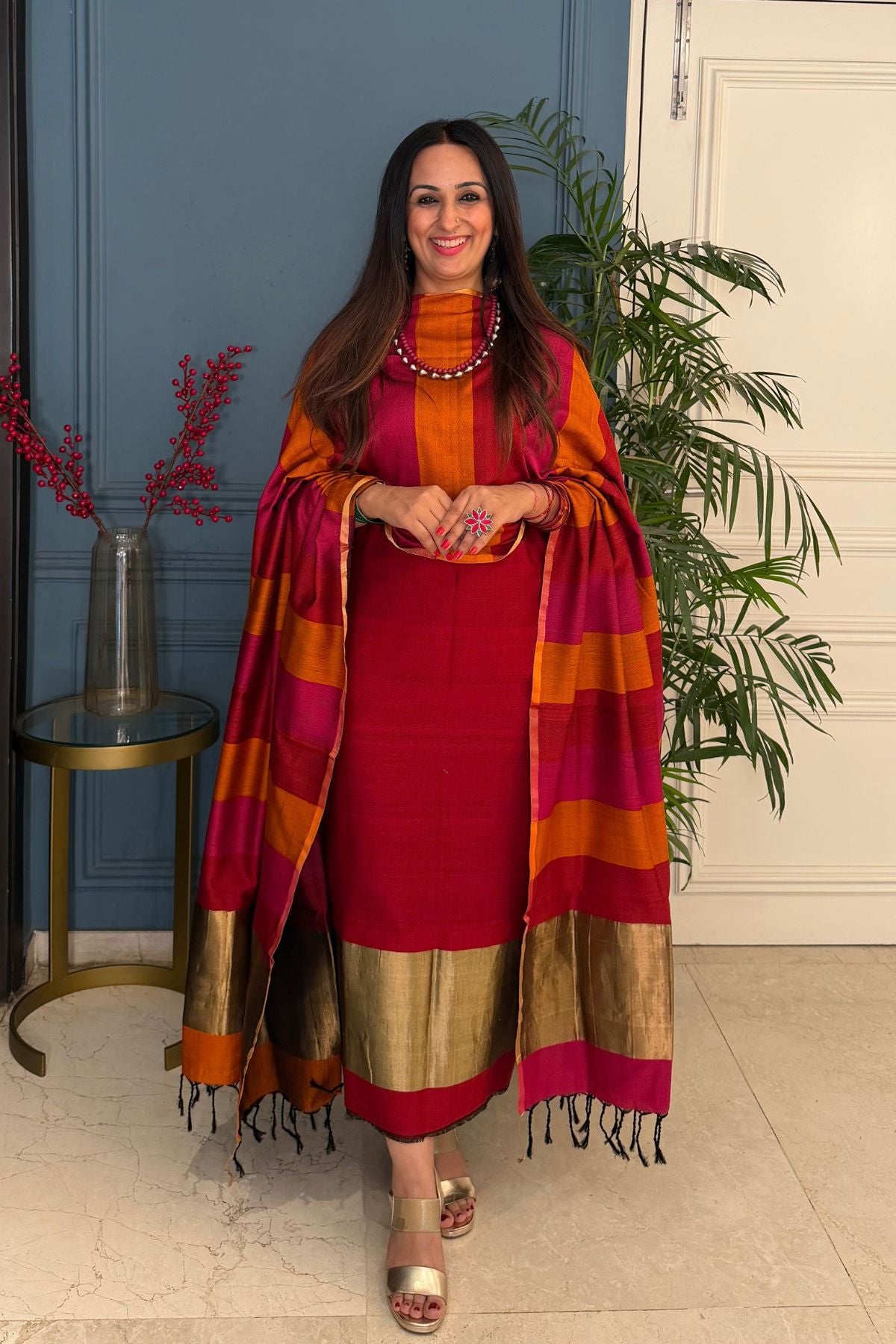 Maheshwari weave kurta dupatta set on cotton silk